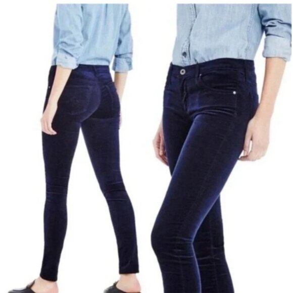 AG Adriano Goldschmied Size 26 Blue Velvet Velour Legging Pant Super Skinny - Picture 1 of 16